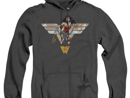 WONDER WOMAN : WONDER WOMAN 80TH COLLAGE LOGO ADULT HEATHER HOODIE Black XL Sale