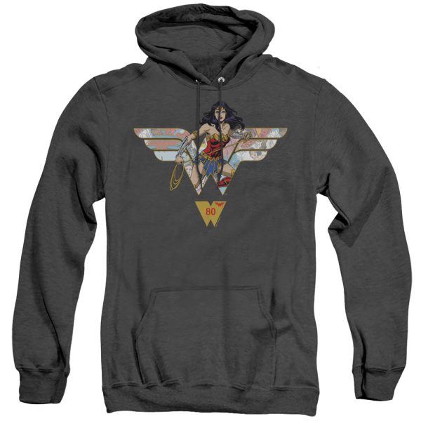 WONDER WOMAN : WONDER WOMAN 80TH COLLAGE LOGO ADULT HEATHER HOODIE Black XL Sale